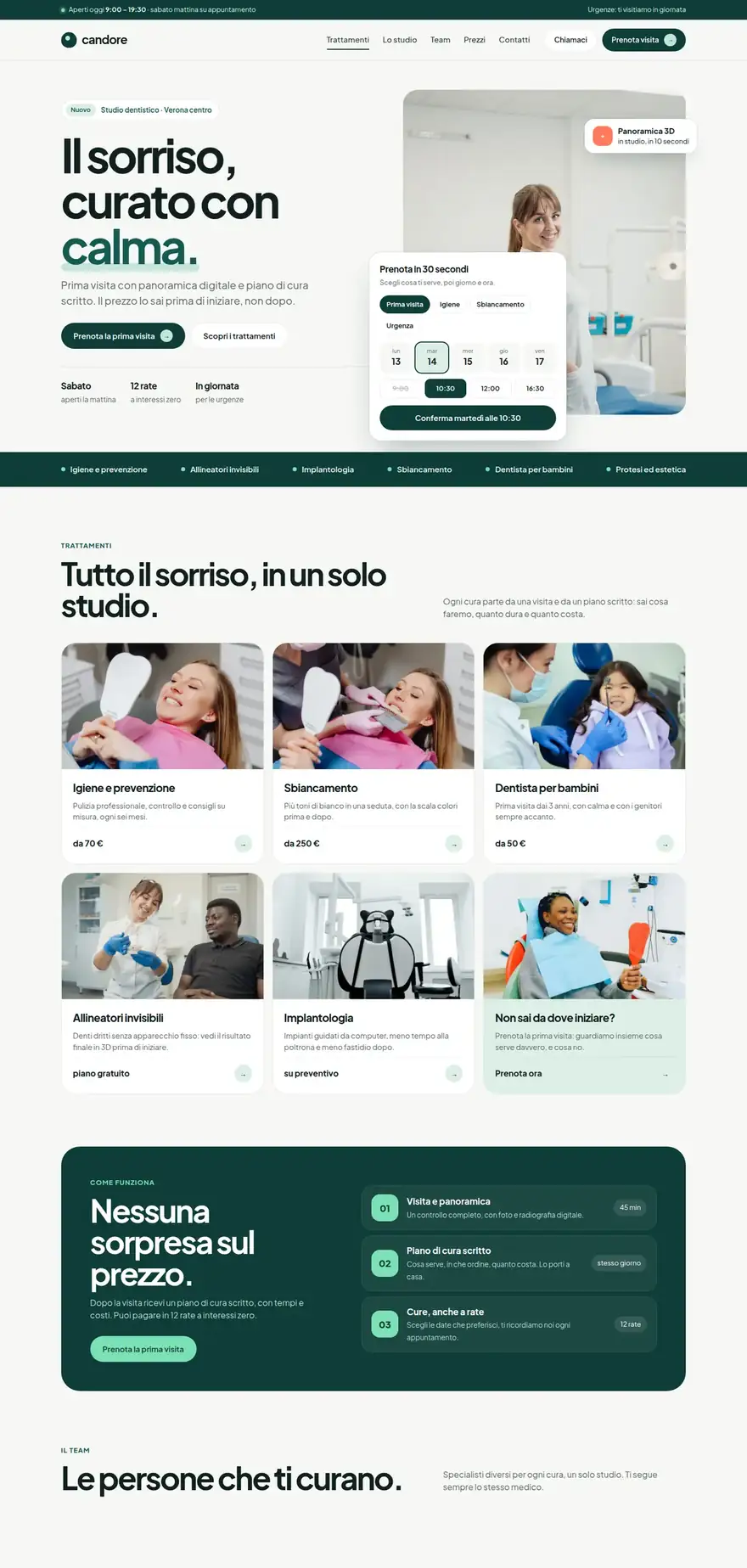 La pagina del sito di Candore (studio dentistico), concept di ACXION Studio