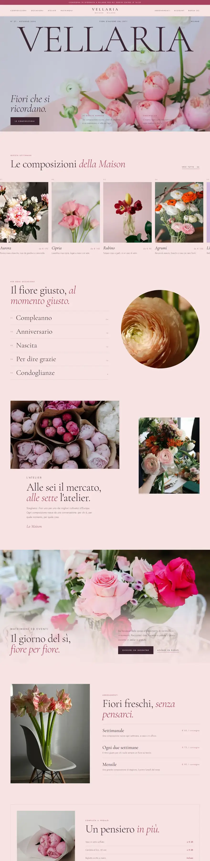 La pagina del sito di Maison Vellaria (fiori di lusso), concept di ACXION Studio