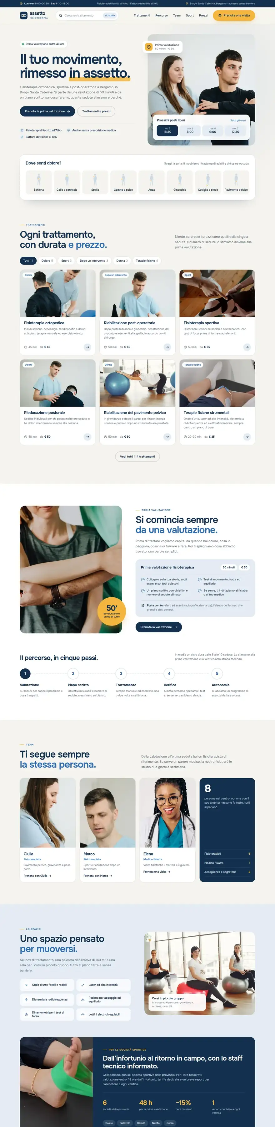 La pagina del sito di Assetto Fisioterapia (centro di fisioterapia e riabilitazione), concept di ACXION Studio