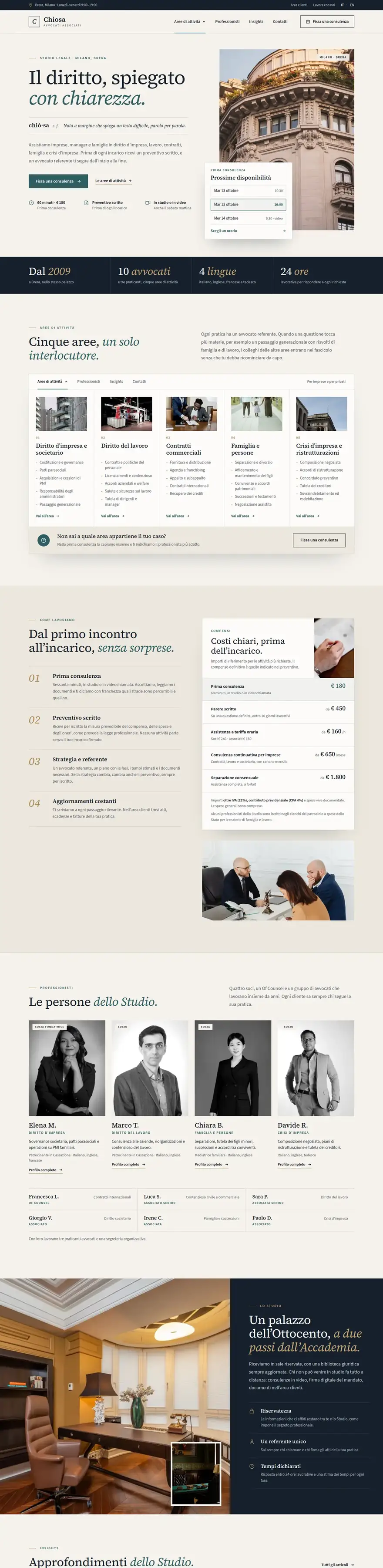 La pagina del sito di Chiosa Avvocati Associati (studio legale), concept di ACXION Studio