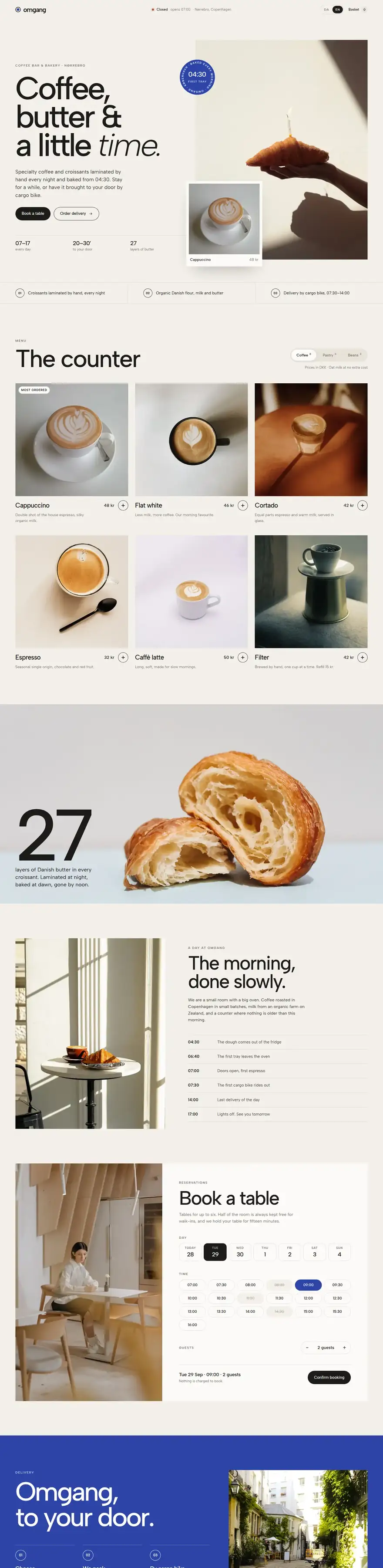 La pagina del sito di omgang (coffee bar e forno), concept di ACXION Studio