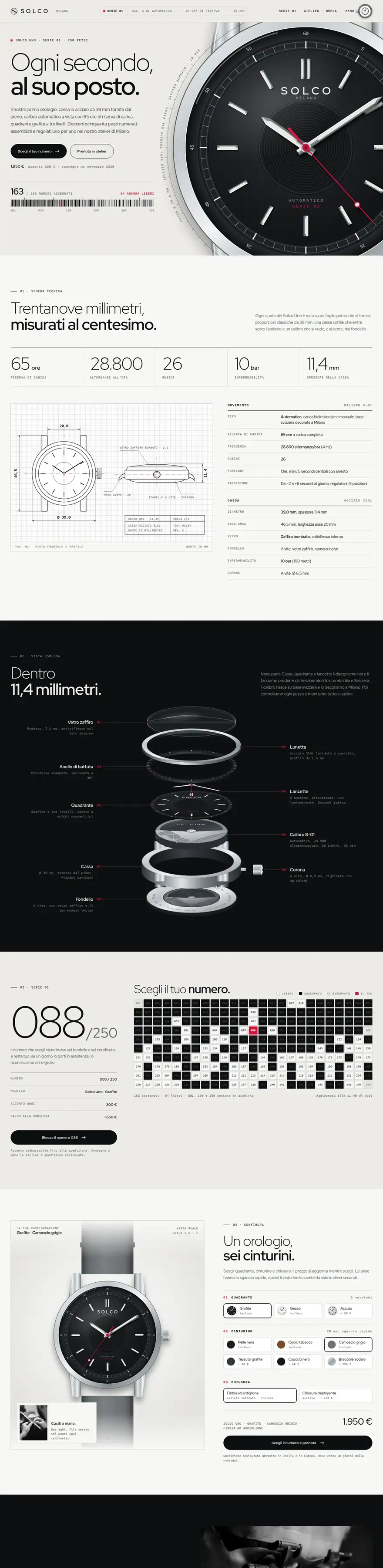 La pagina del sito di Solco (orologi meccanici), concept di ACXION Studio