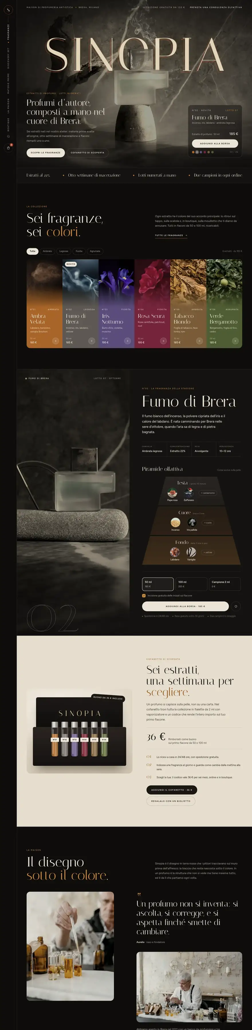 La pagina del sito di Sinopia (profumeria artistica), concept di ACXION Studio