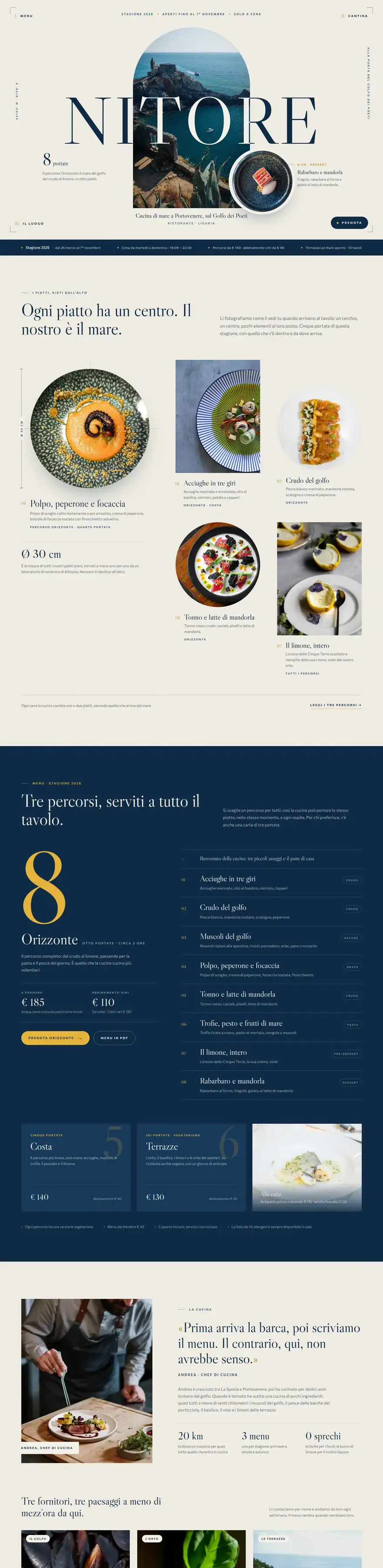 La pagina del sito di Nitore (ristorante gastronomico), concept di ACXION Studio