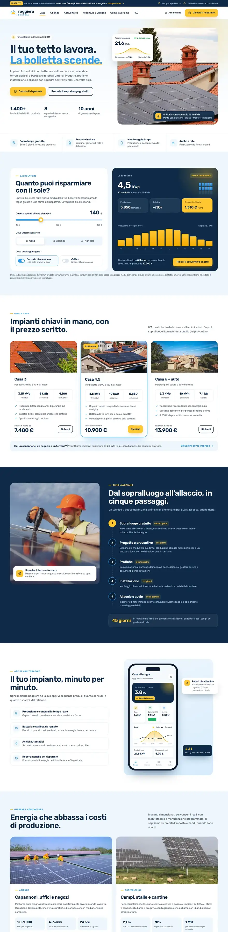La pagina del sito di Raggiera Energia (impianti fotovoltaici e accumulo), concept di ACXION Studio