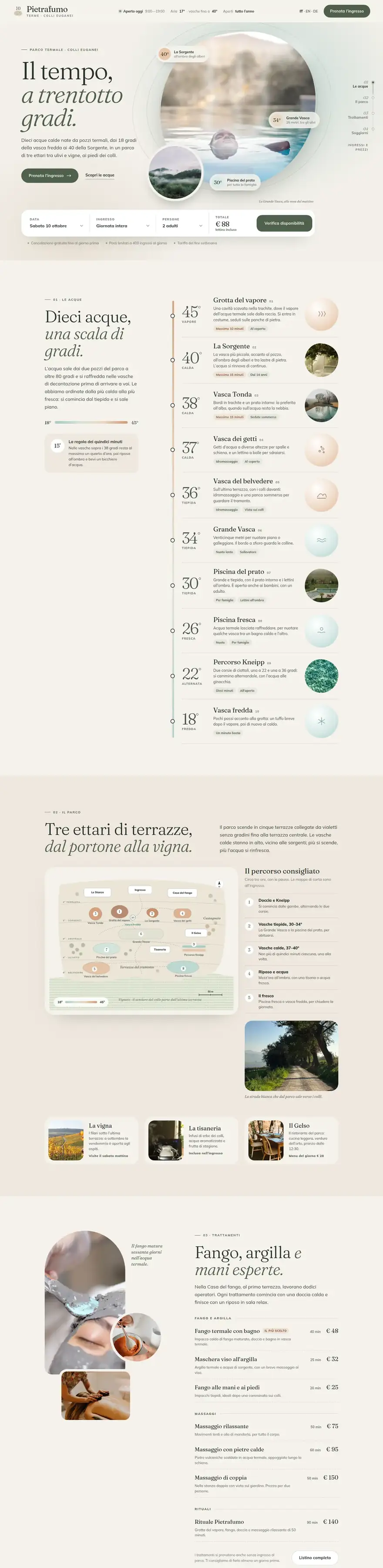 La pagina del sito di Pietrafumo Terme (parco termale e spa), concept di ACXION Studio