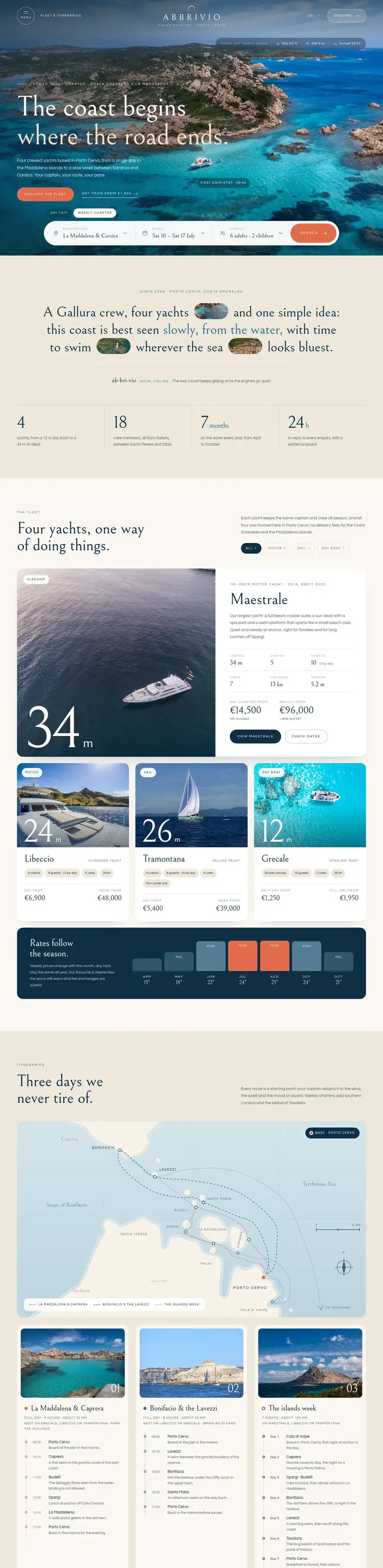 La pagina del sito di Abbrivio (yacht charter), concept di ACXION Studio